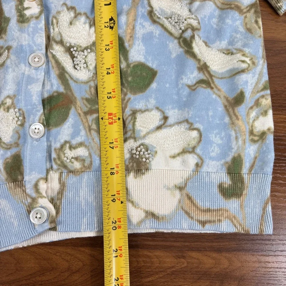 Talbots Floral Light Blue Beaded Short Sleeve‎ V Neck Cardigan Sweater XLP